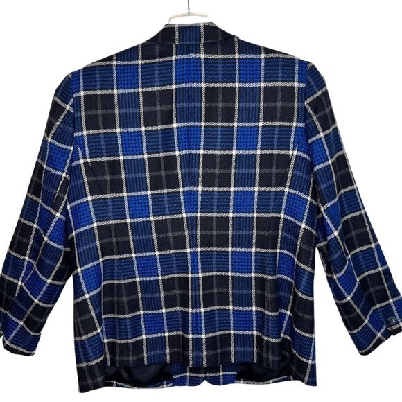Y2K Rena Rowan Wool Tartan Plaid Button Blazer Size 18W Blue Black Shoulder Pads - Picture 4 of 16